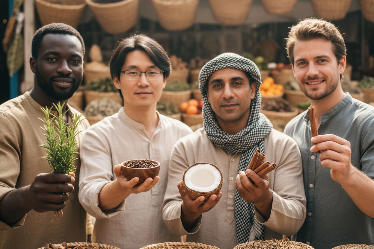 Kan du skapa en bild där olika etniska man har rosmarin, nejlika, kokos och kanel?