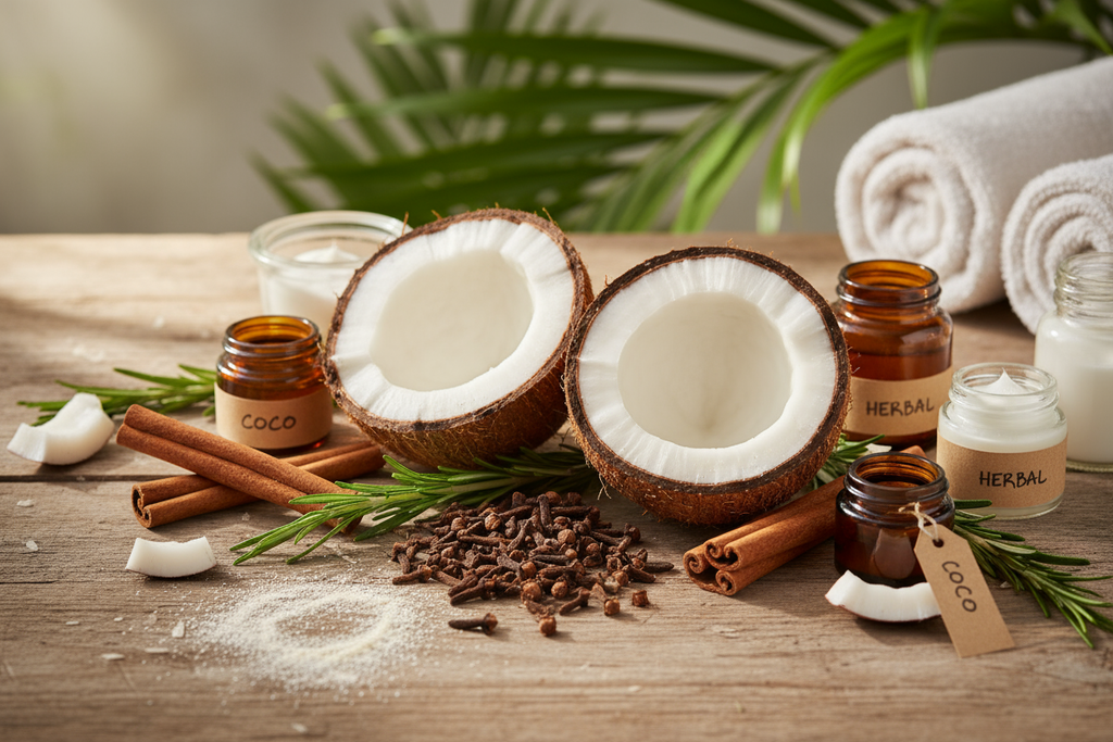 Skapa natur bilder med kokos, nejlika, rosmarin och kanel 