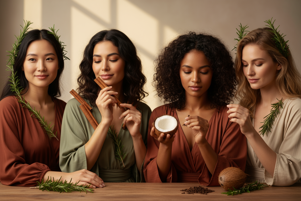 Visa olika etniska tjejer med rosmarin, nejlika, kokos och kanel 